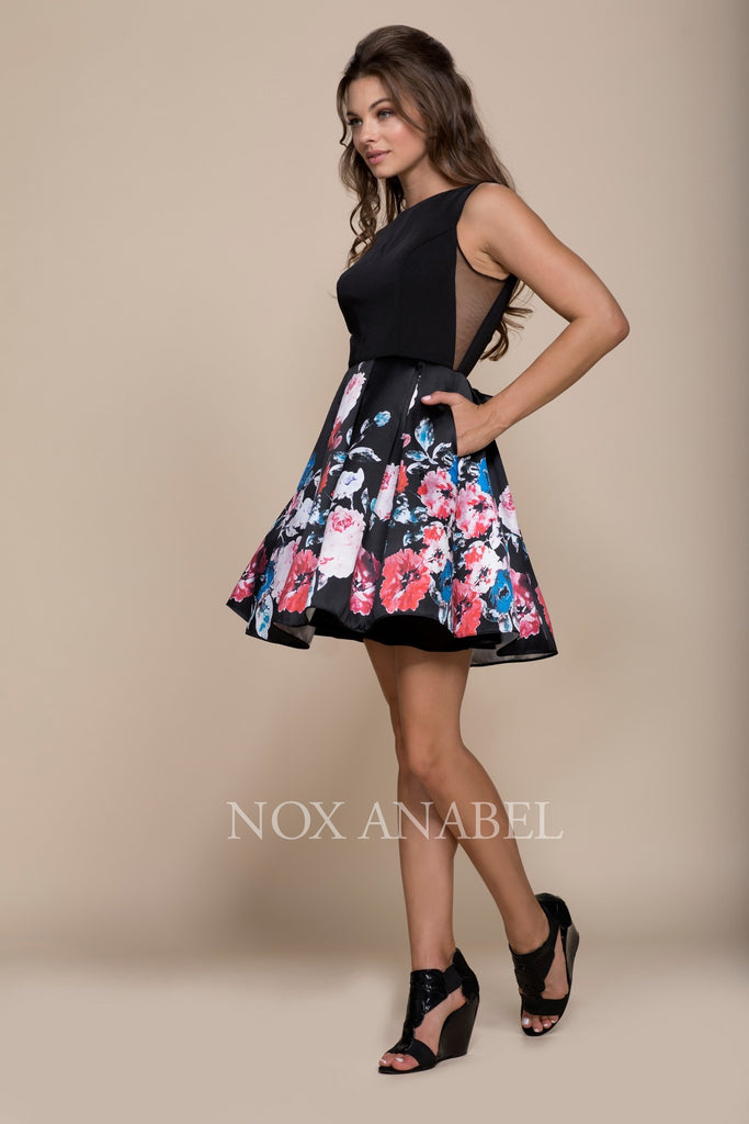 FLORAL PRINTED SIDE CUTOUTS A-LINE SHORT DRESS-smcdress