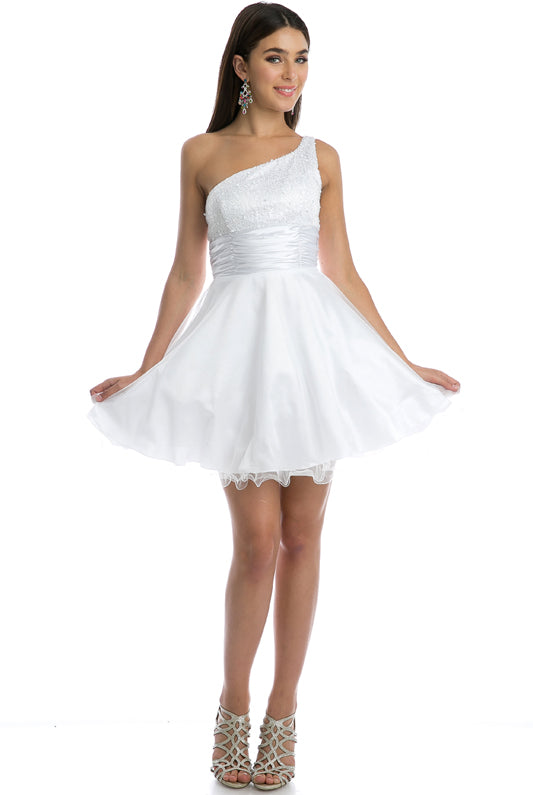 Satin One-Shoulder Short Wedding Dress with Sequins-smcdress