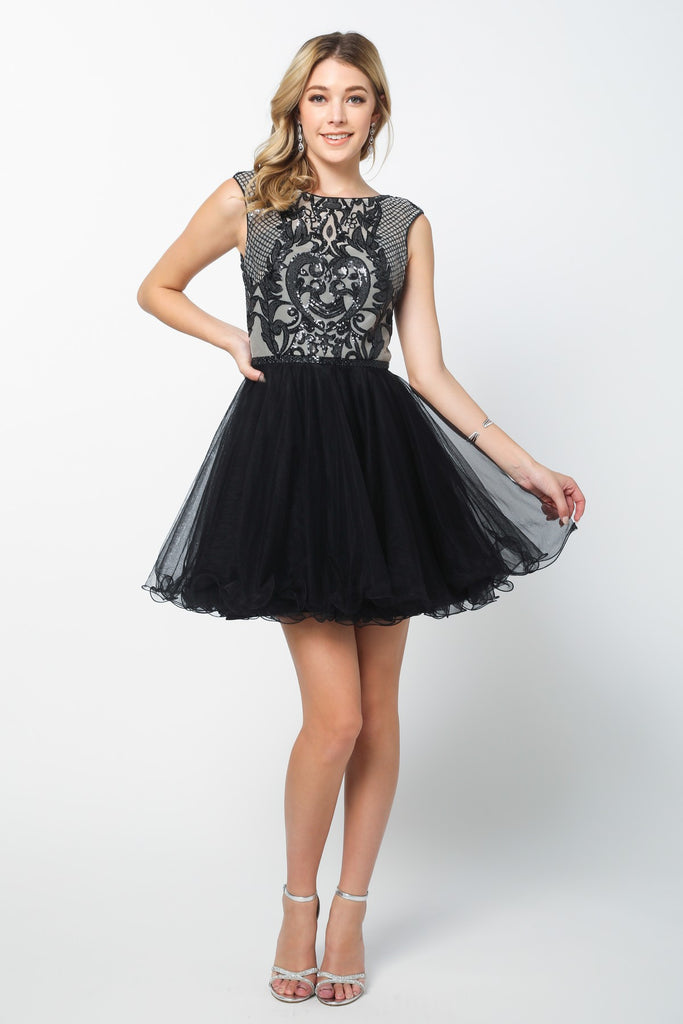 Sequin Embroidered short tulle cocktail Dress-smcdress