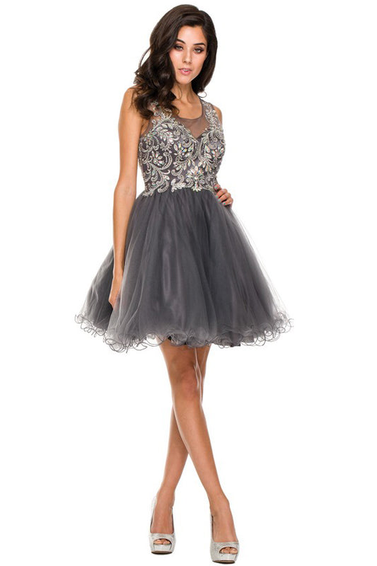 Sleeveless beaded and flare skirt short dress-smcdress