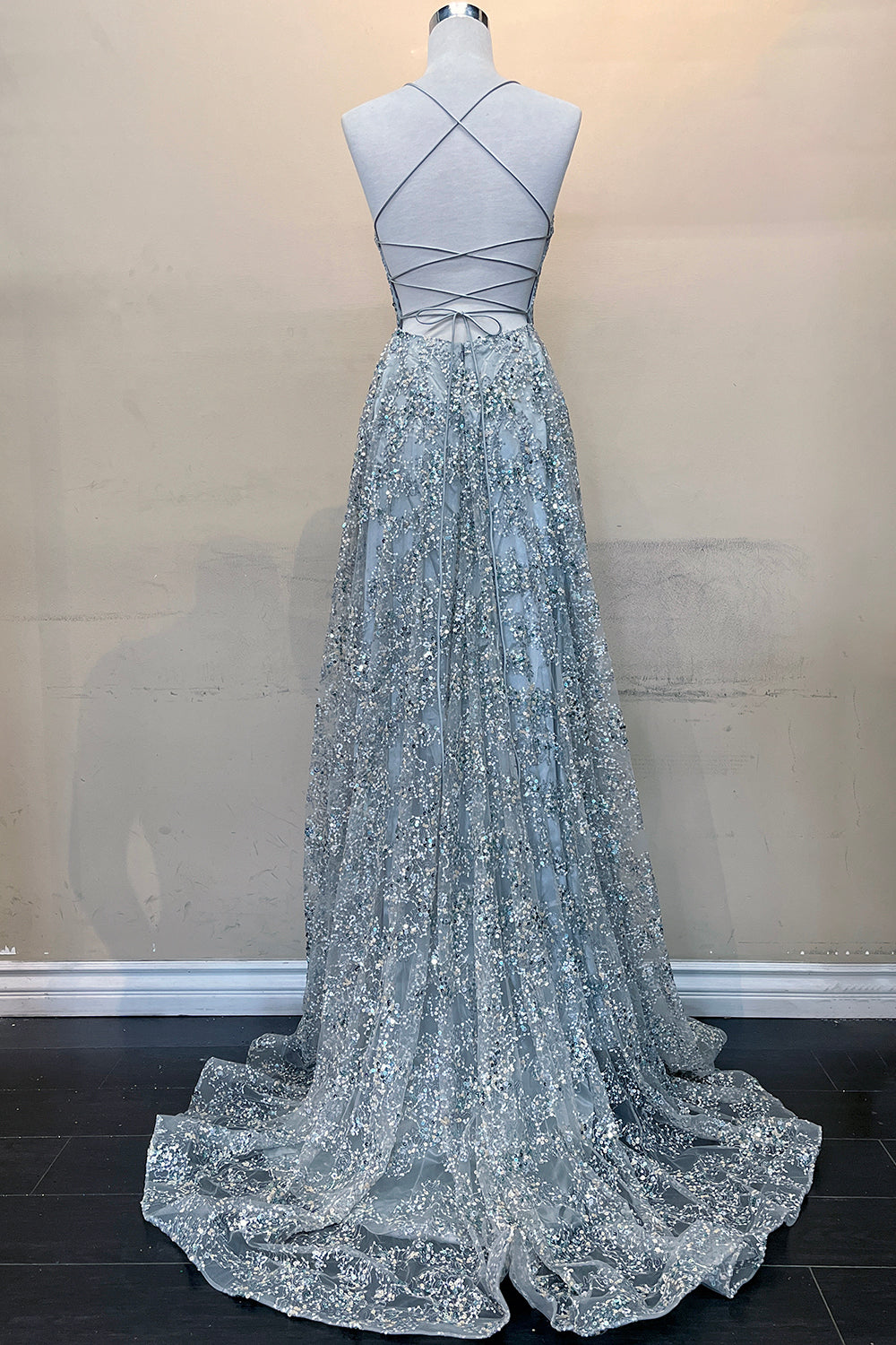 Deep V-Neck Long Prom Dress w/Side Slits, Criss Cross Back &amp; Illusion Detail-smcdress