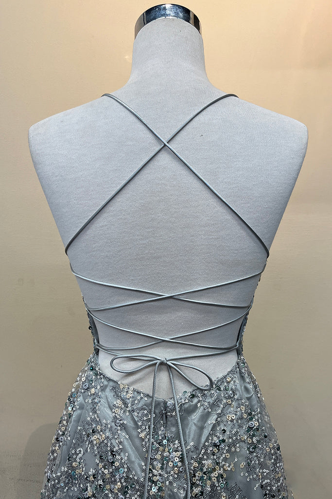 Deep V-Neck Long Prom Dress w/Side Slits, Criss Cross Back &amp; Illusion Detail-smcdress