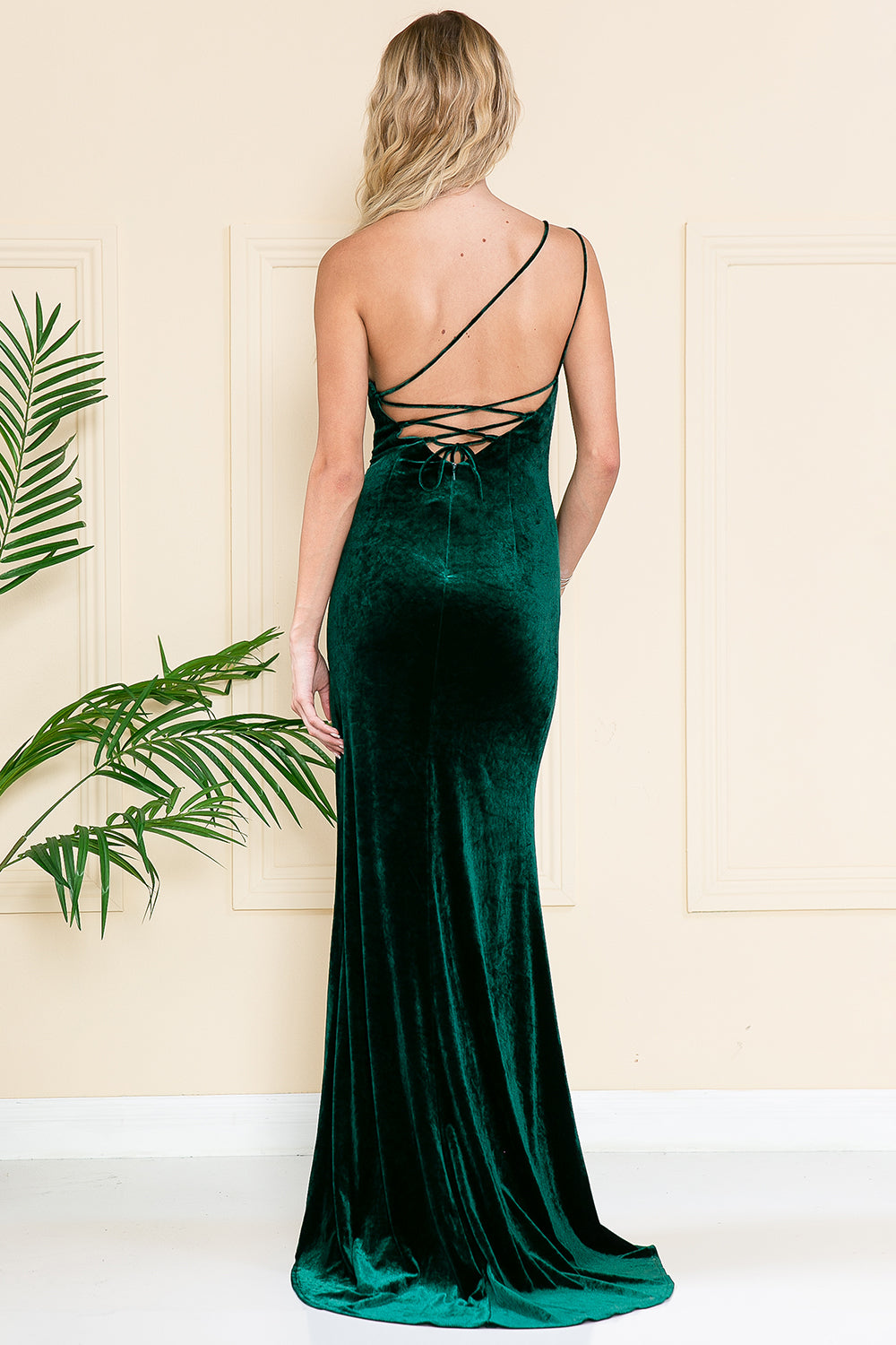 Velvet One Shoulder Long Prom Dress w/ Side Slit-smcdress