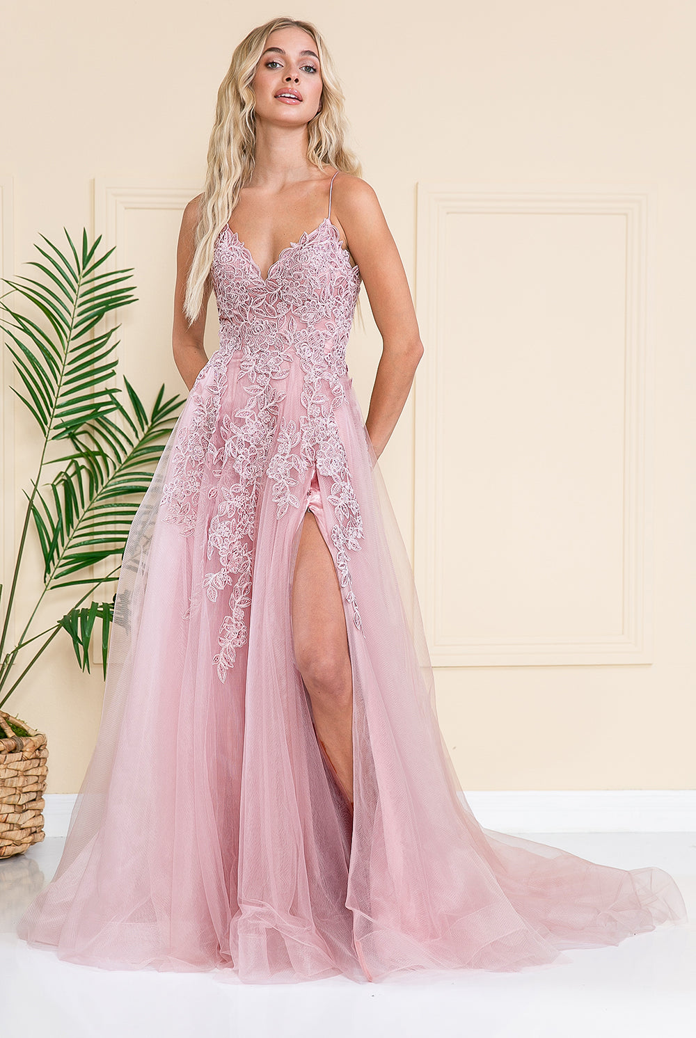 V-Neck Lace Tulle Skirt Slit Long Dress for Wedding & Prom-smcdress