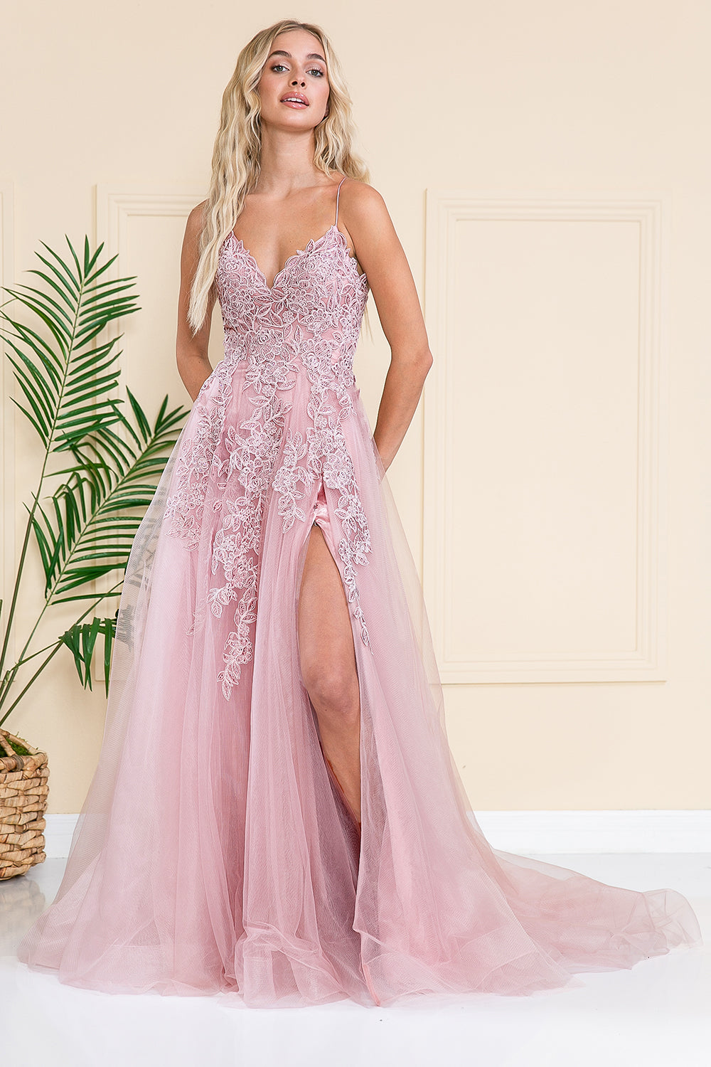 V-Neck Lace Tulle Skirt Slit Long Dress for Wedding & Prom-smcdress