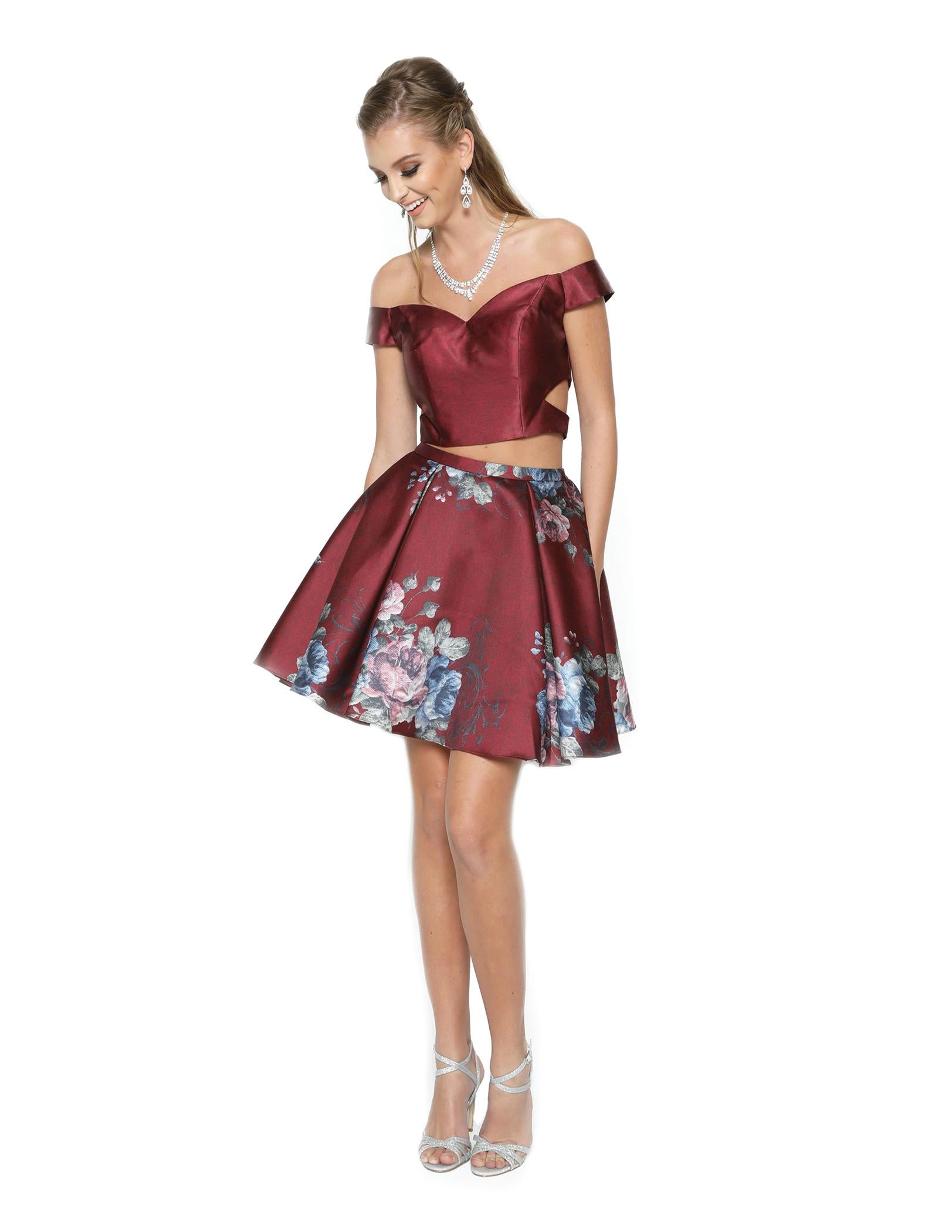 Floral off-shoulder two-piece dress for cocktail and homecoming-smcdress