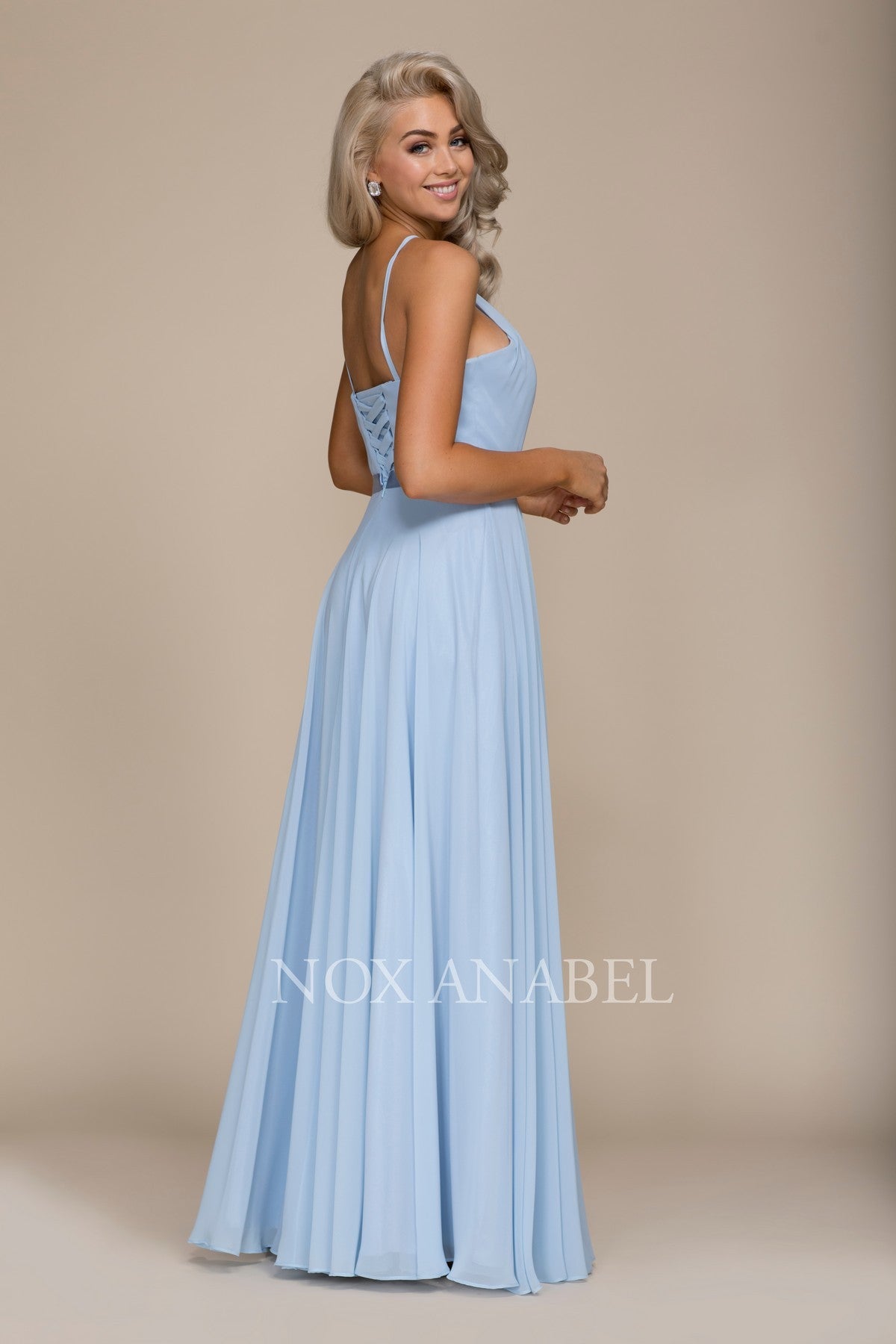 Chiffon A-Line Dress with Halter Neck, Open Back-smcdress