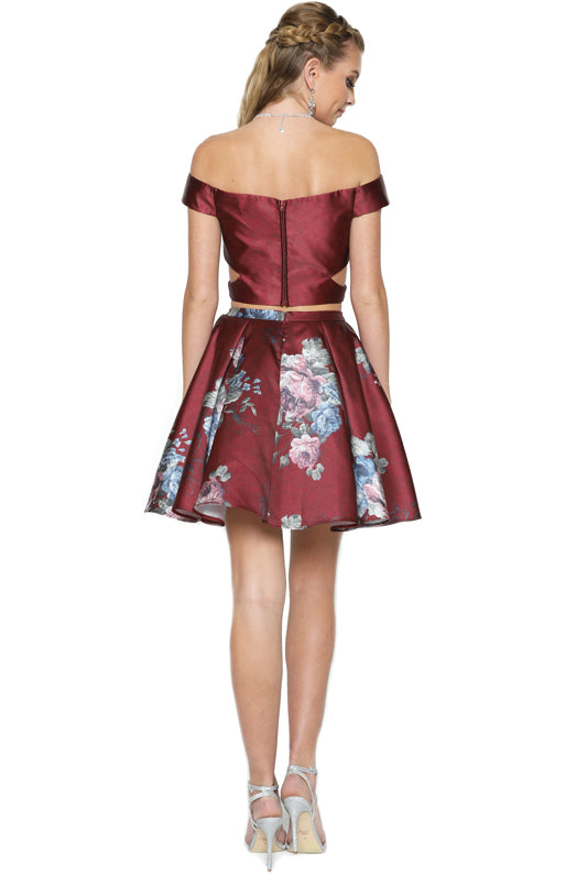 Floral off-shoulder two-piece dress for cocktail and homecoming-smcdress