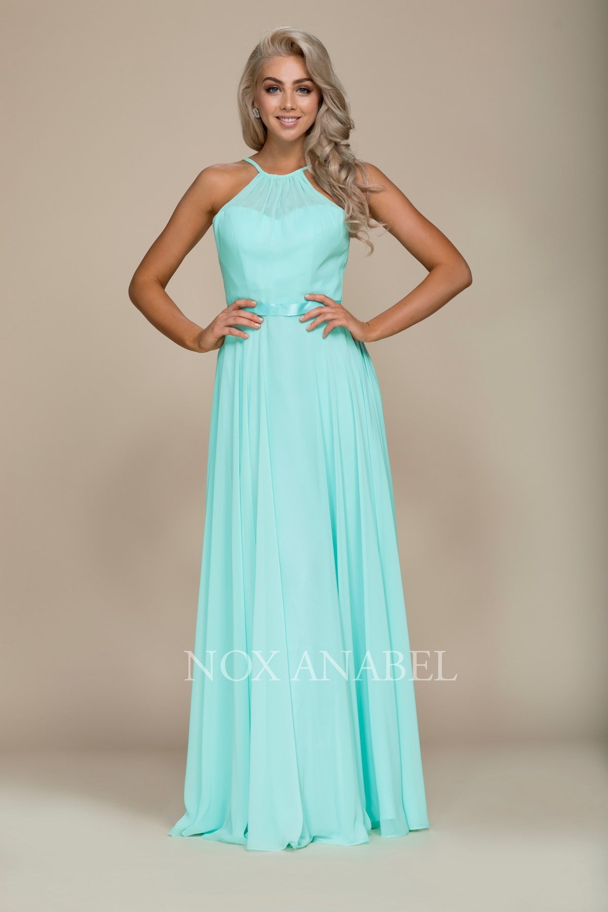 Chiffon A-Line Dress with Halter Neck, Open Back-smcdress