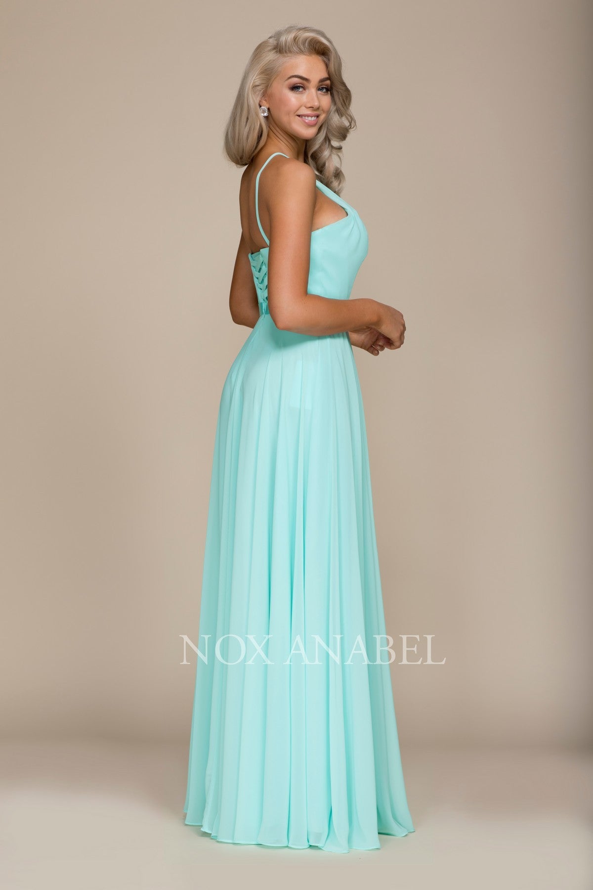 Chiffon A-Line Dress with Halter Neck, Open Back-smcdress