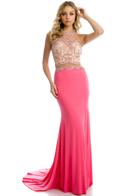 Mesh waistline and side slit evening prom gown-smcdress