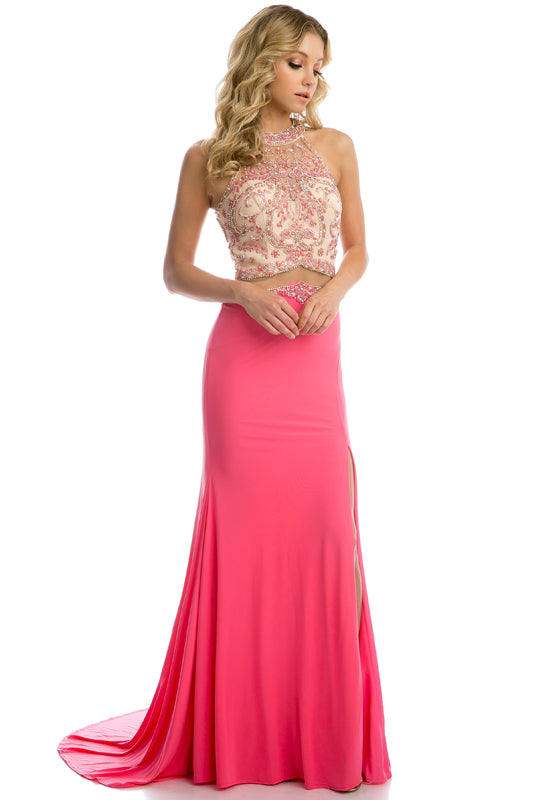 Mesh waistline and side slit evening prom gown-smcdress
