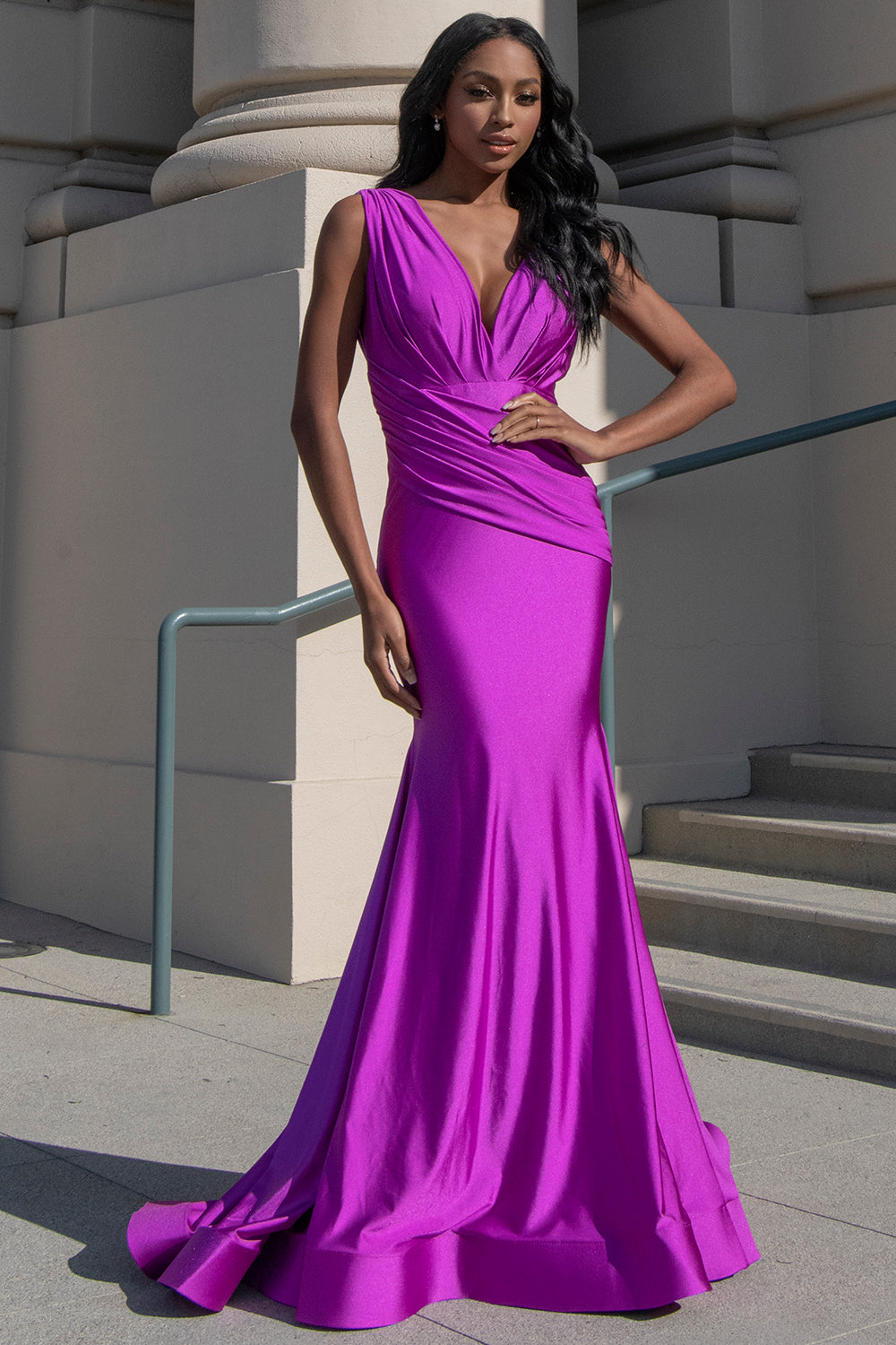 Sleeveless fit & flare lycra gown with a ruched wait sash on top-smcdress