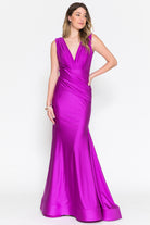 Sleeveless fit & flare lycra gown with a ruched wait sash on top-smcdress