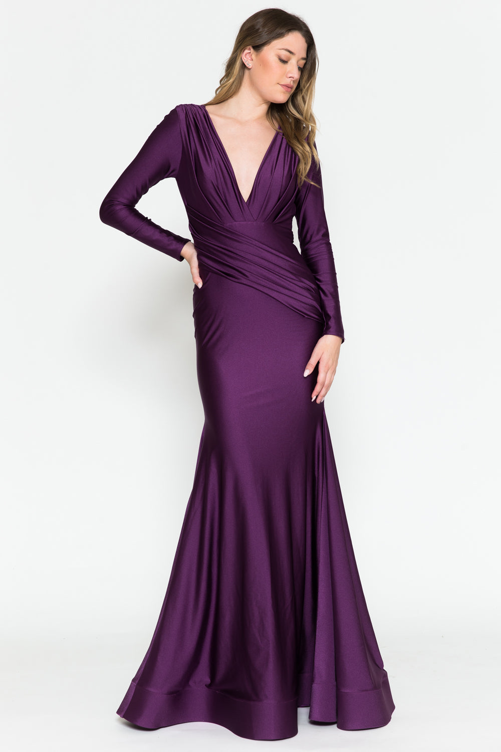 Long Prom Dress: Plunge Neck, Open Back, Long Sleeve-smcdress