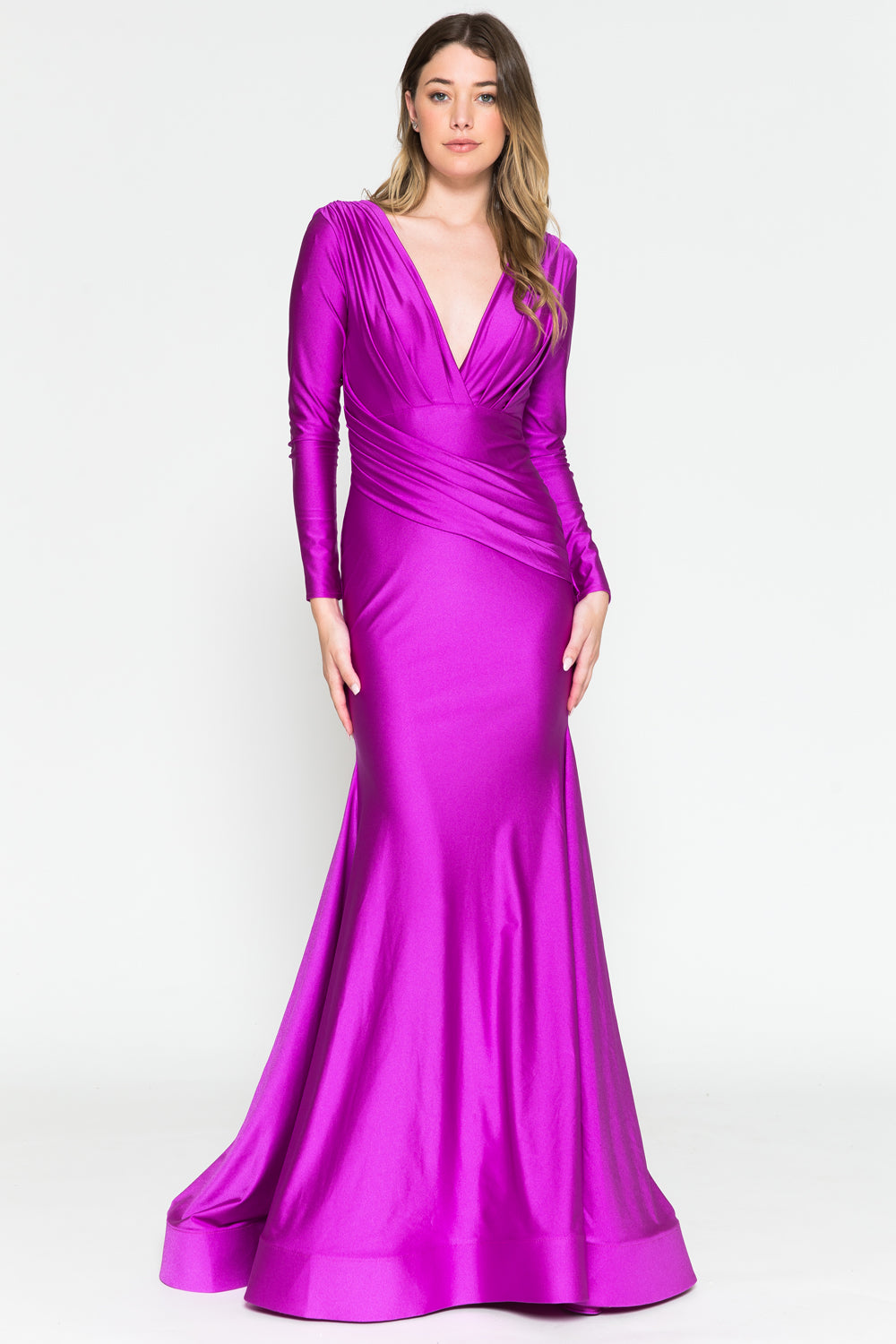 Long Prom Dress: Plunge Neck, Open Back, Long Sleeve-smcdress