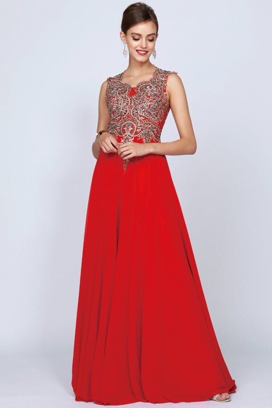 Cap Sleeve Embroidered Bodice Long Dress, MOB-smcdress