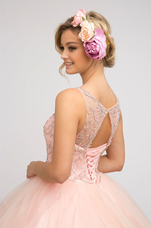 Beaded high neck bodice with keyhole back on tulle ball gown-smcdress