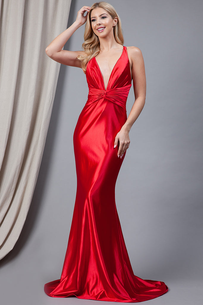 Satin Long Prom Dress with Open Criss Cross Back-smcdress