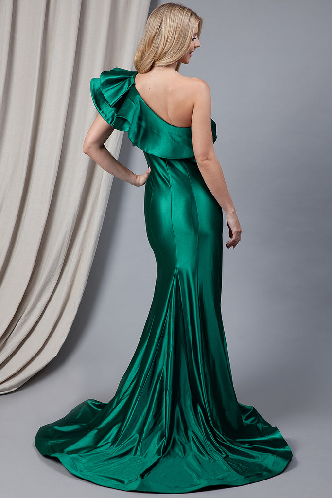 One Shoulder Prom Dress w/Satiny Slit-smcdress
