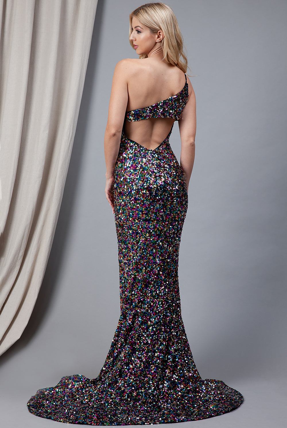 Embroidered Sequin Prom Dress, Long w/One Shoulder Back Detail-smcdress