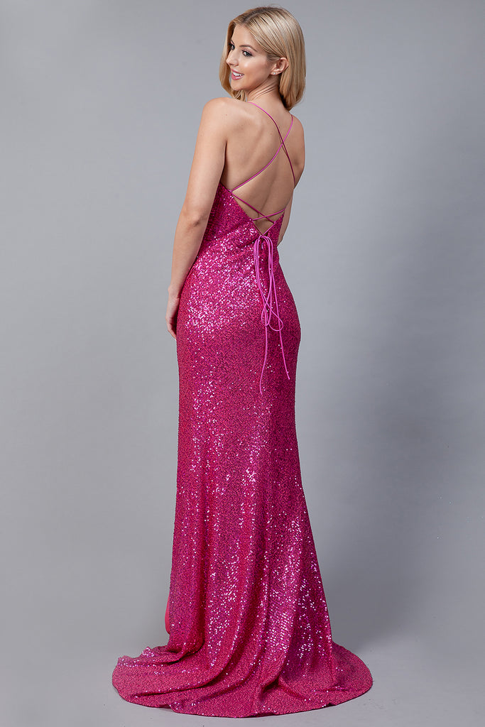 Sequin Spaghetti Strap Prom Dress w/Zipper Back-smcdress