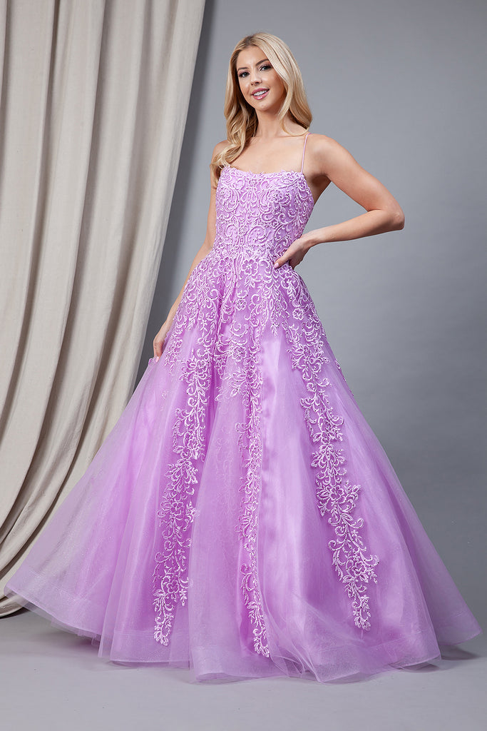Boat Neck Embroidered Lace Prom Dress w/Lace Up Back-smcdress