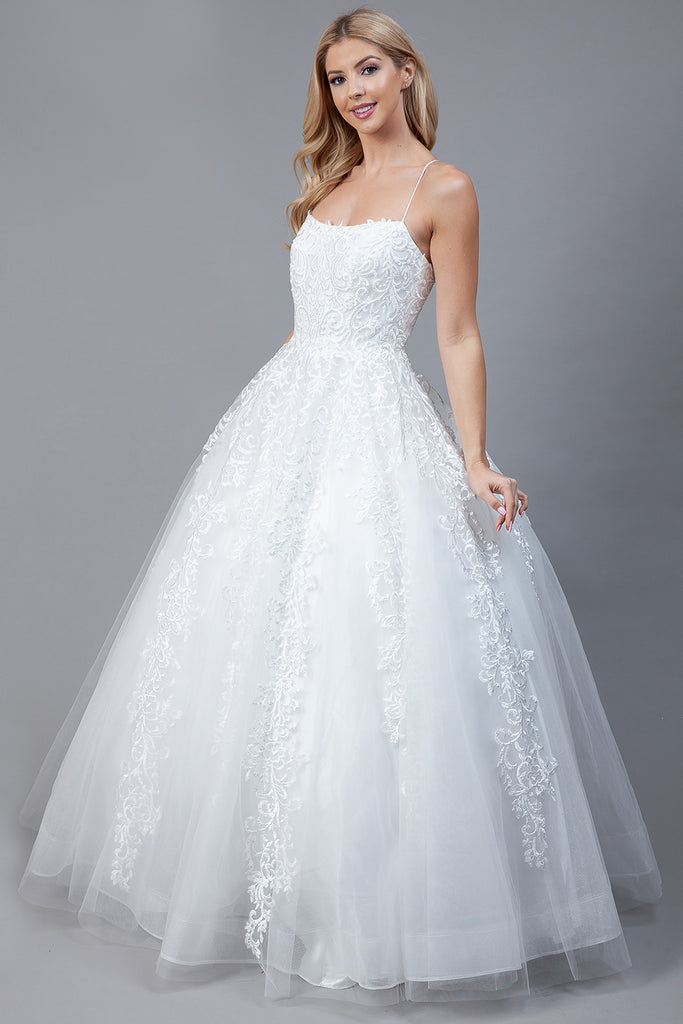 Boat Neck Embroidered Lace Prom Dress w/Lace Up Back-smcdress
