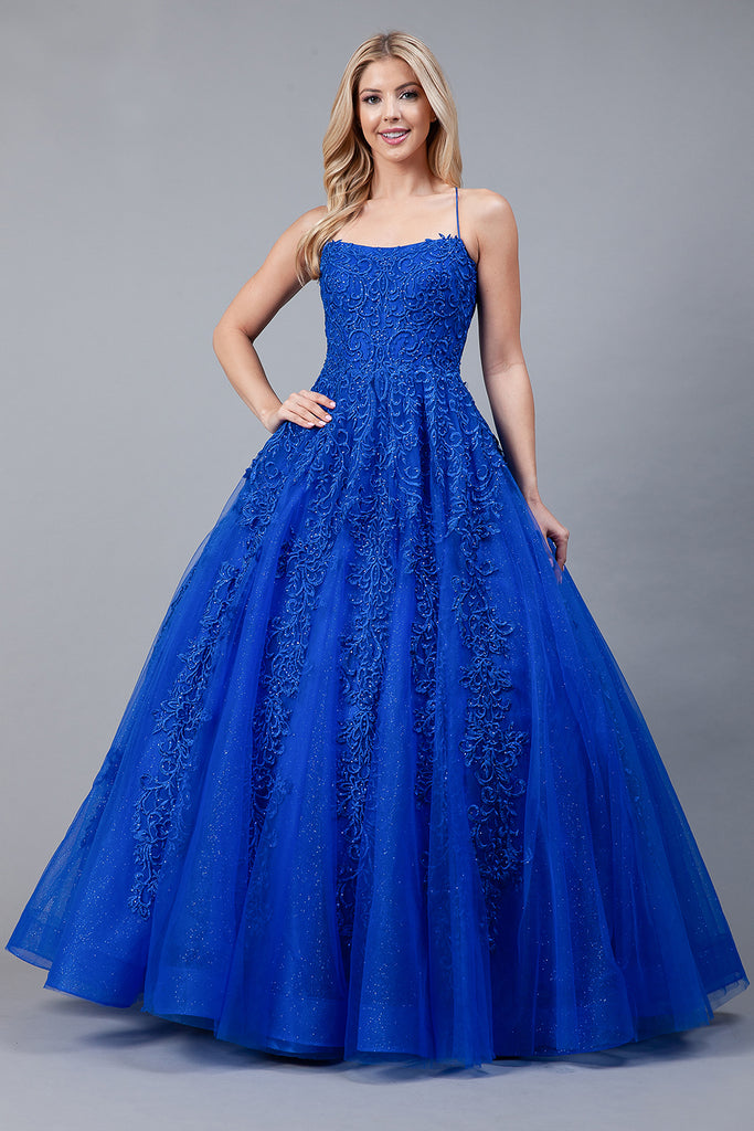 Boat Neck Embroidered Lace Prom Dress w/Lace Up Back-smcdress