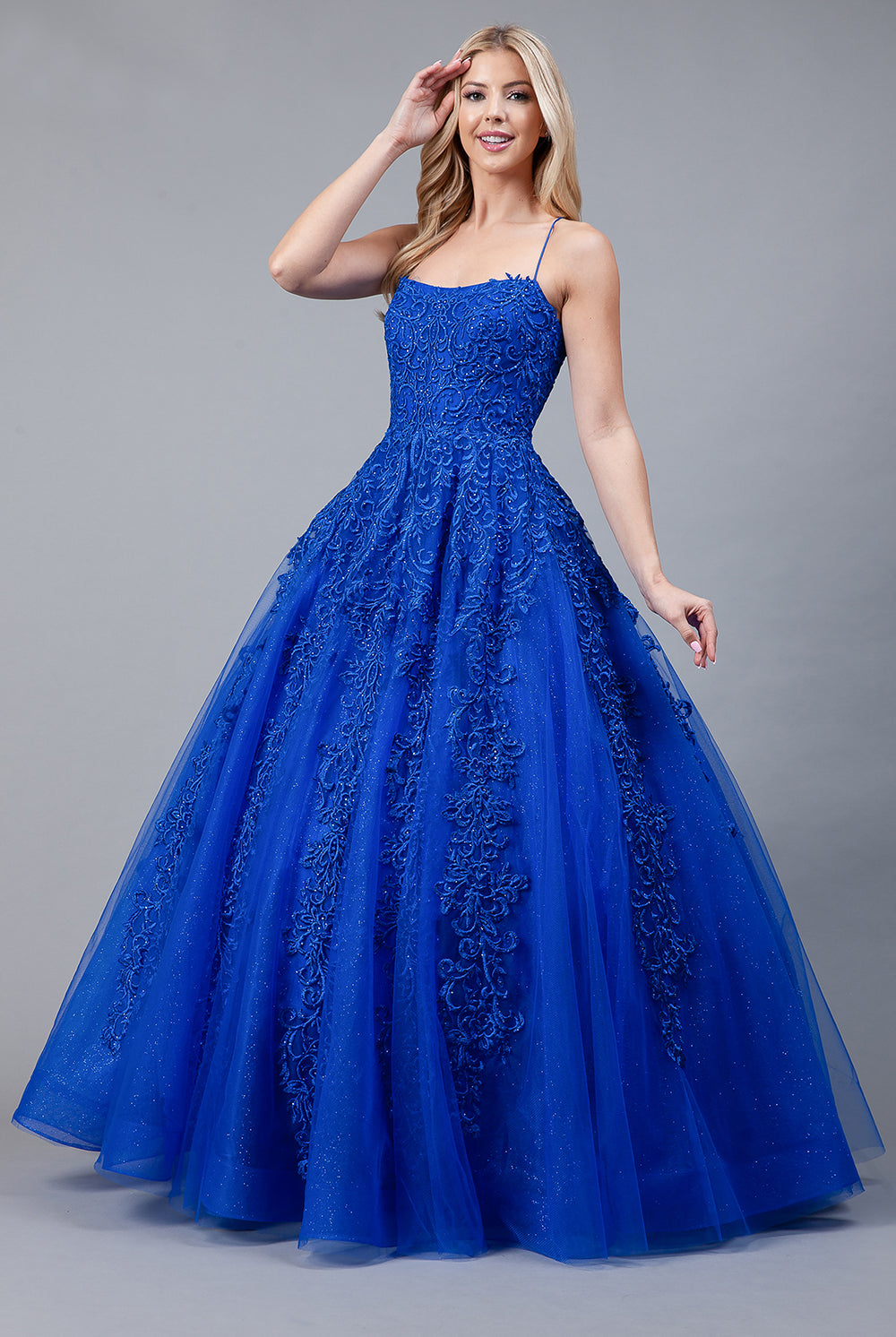 Boat Neck Embroidered Lace Prom Dress w/Lace Up Back-smcdress