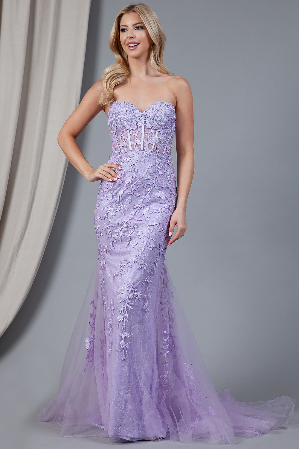 Embroidered Lace Long Prom Dress, Mermaid Strapless-smcdress