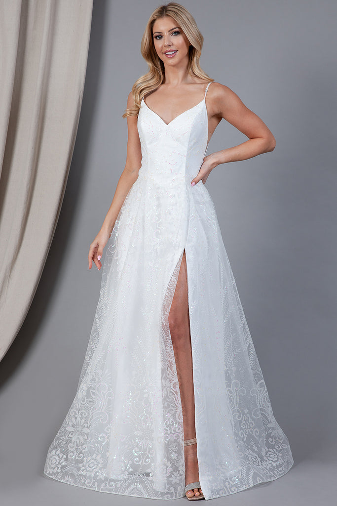 Glitter Lace Slit V-Back Prom Dress-smcdress