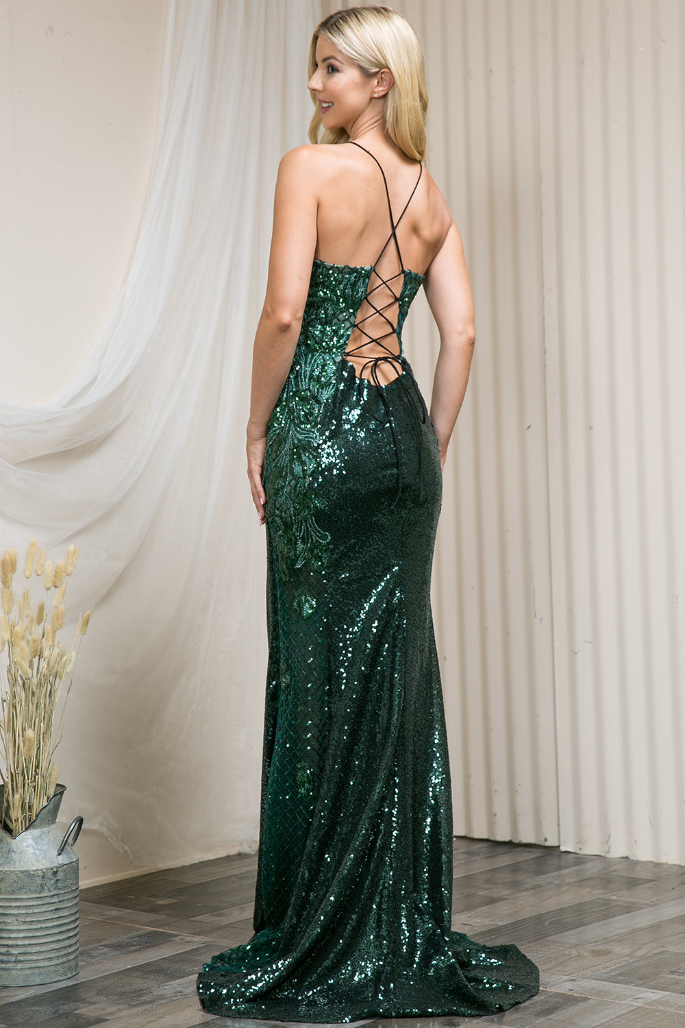 Embroidered Sequins Halter Open Back Long Prom Dress w/ Criss Cross-smcdress