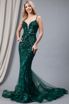 V-Neck Long Prom Dress w/ Embroidered Sequins Tulle Skirt-smcdress