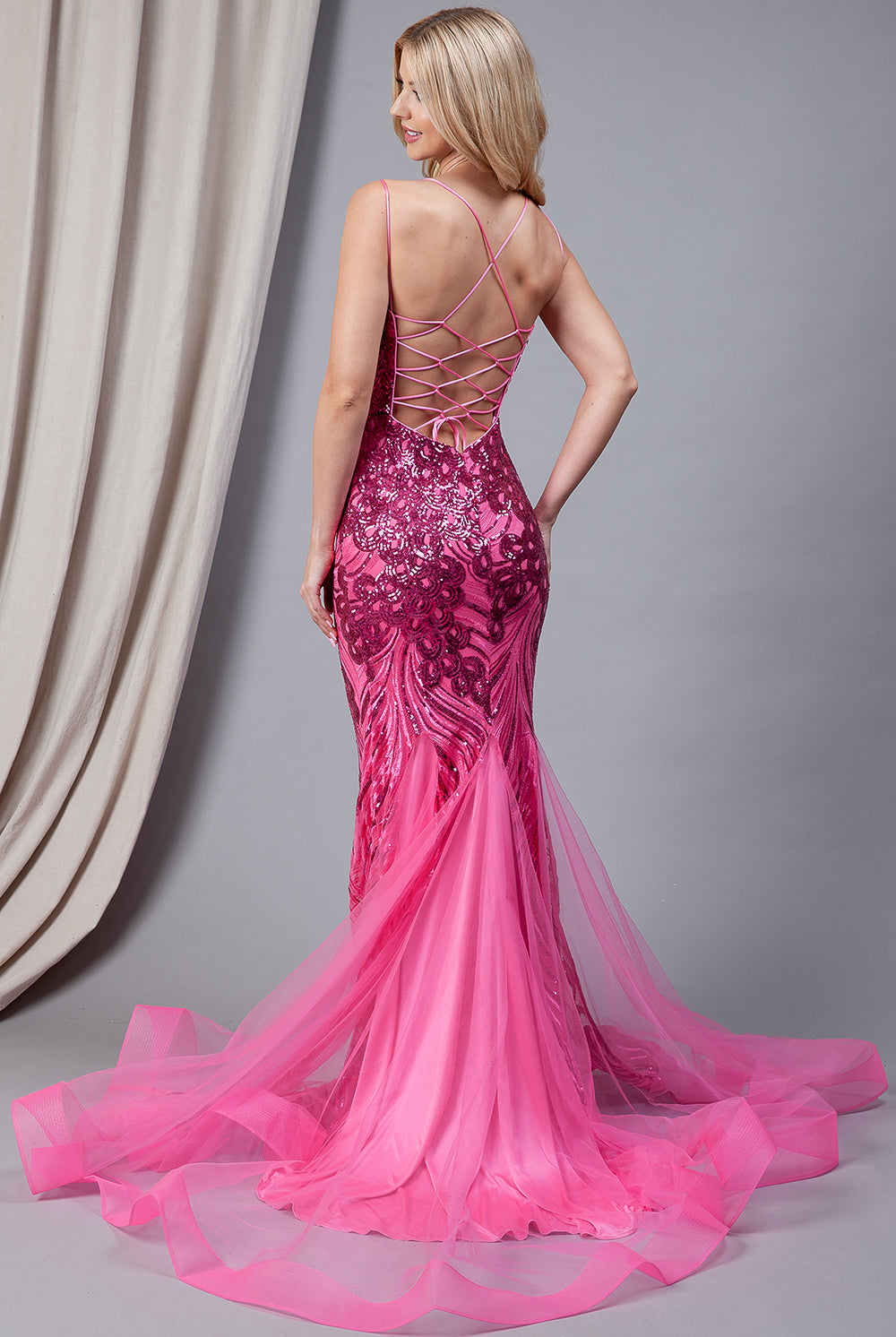 V-Neck Long Prom Dress w/ Embroidered Sequins Tulle Skirt-smcdress