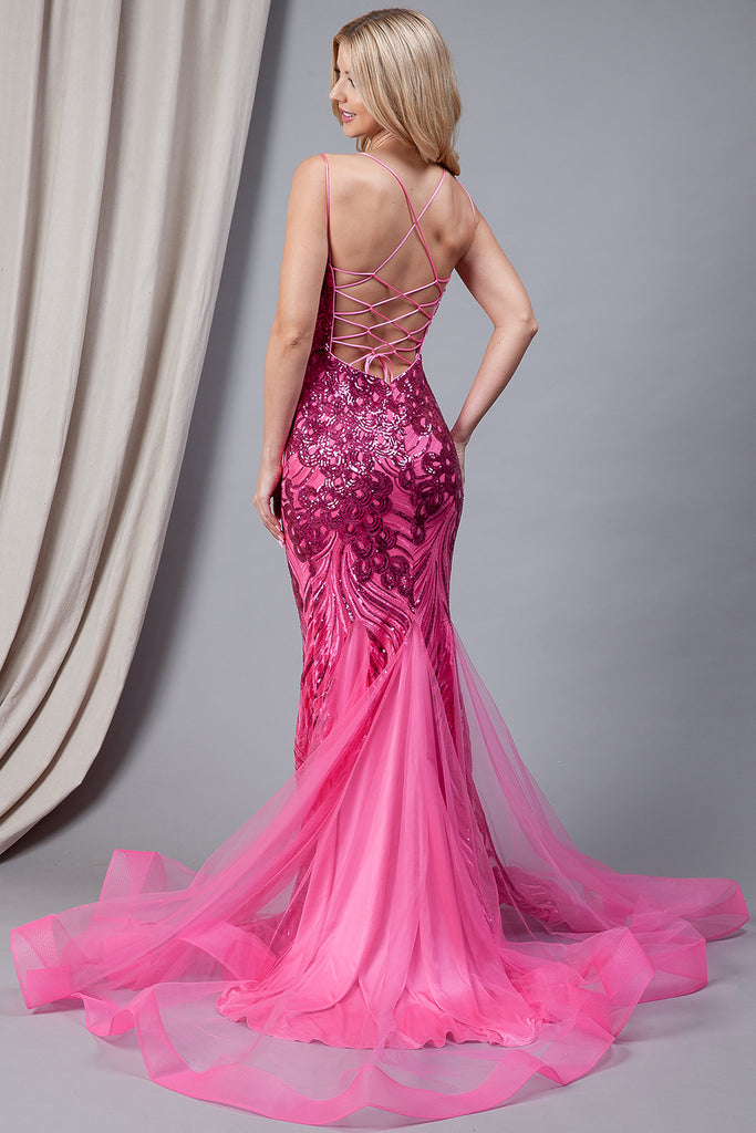 V-Neck Long Prom Dress w/ Embroidered Sequins Tulle Skirt-smcdress