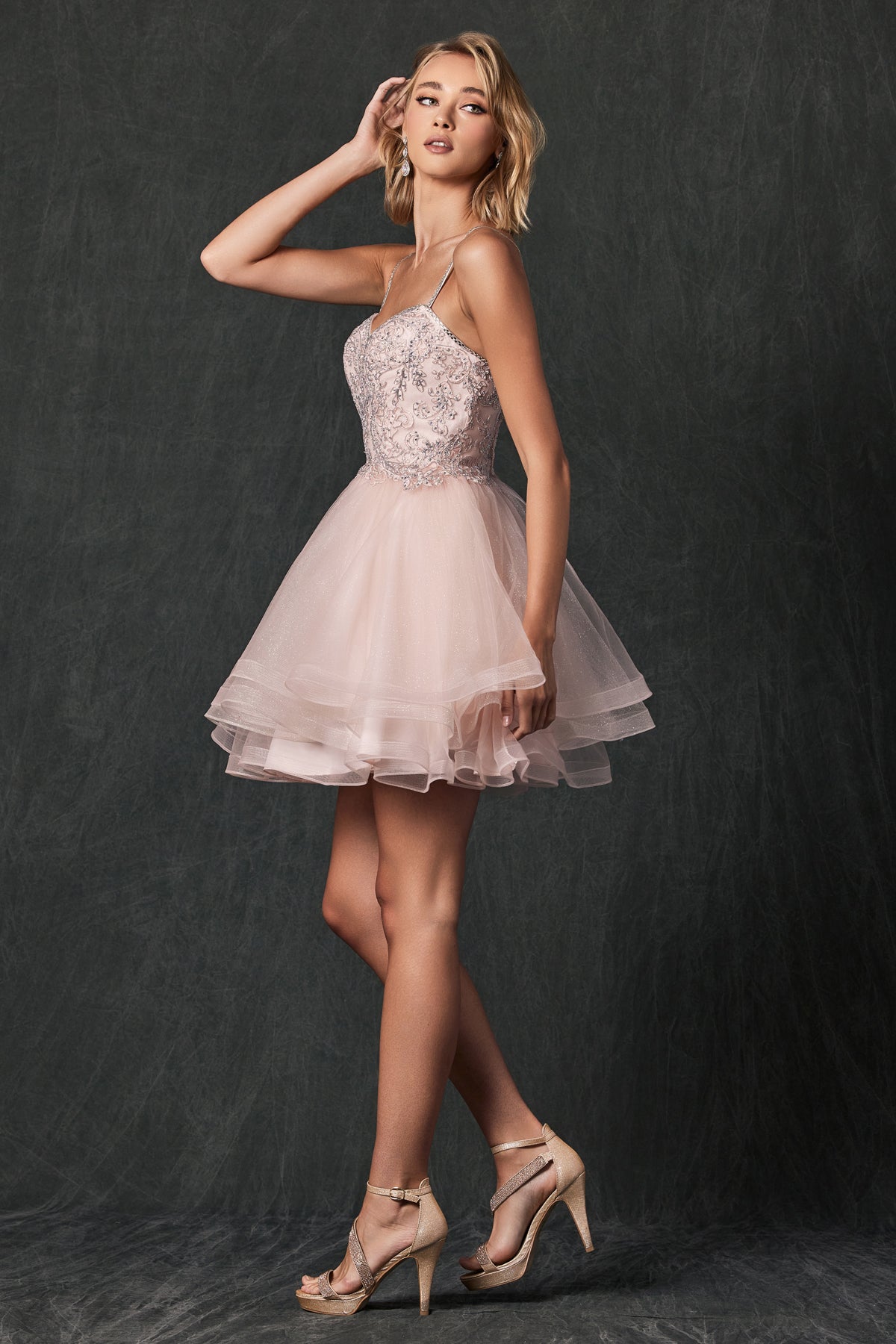 Embroidered Bodice Dress - short, layered skirt for Cocktail & Homecoming-smcdress