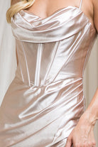 Side Slit Long Prom Dress with Cowl Neck &amp; Satin Spaghetti Straps-smcdress
