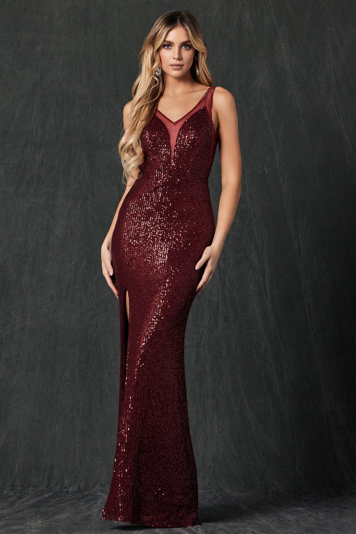 Tight Long Sequin evening dress with sheer deep v neck and side-smcdress