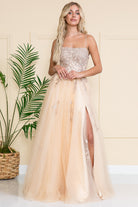 Embroidered Bodice Slit Long Prom Dress-smcdress