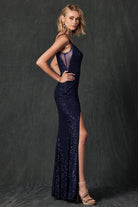 Tight Long Sequin evening dress with sheer deep v neck and side-smcdress