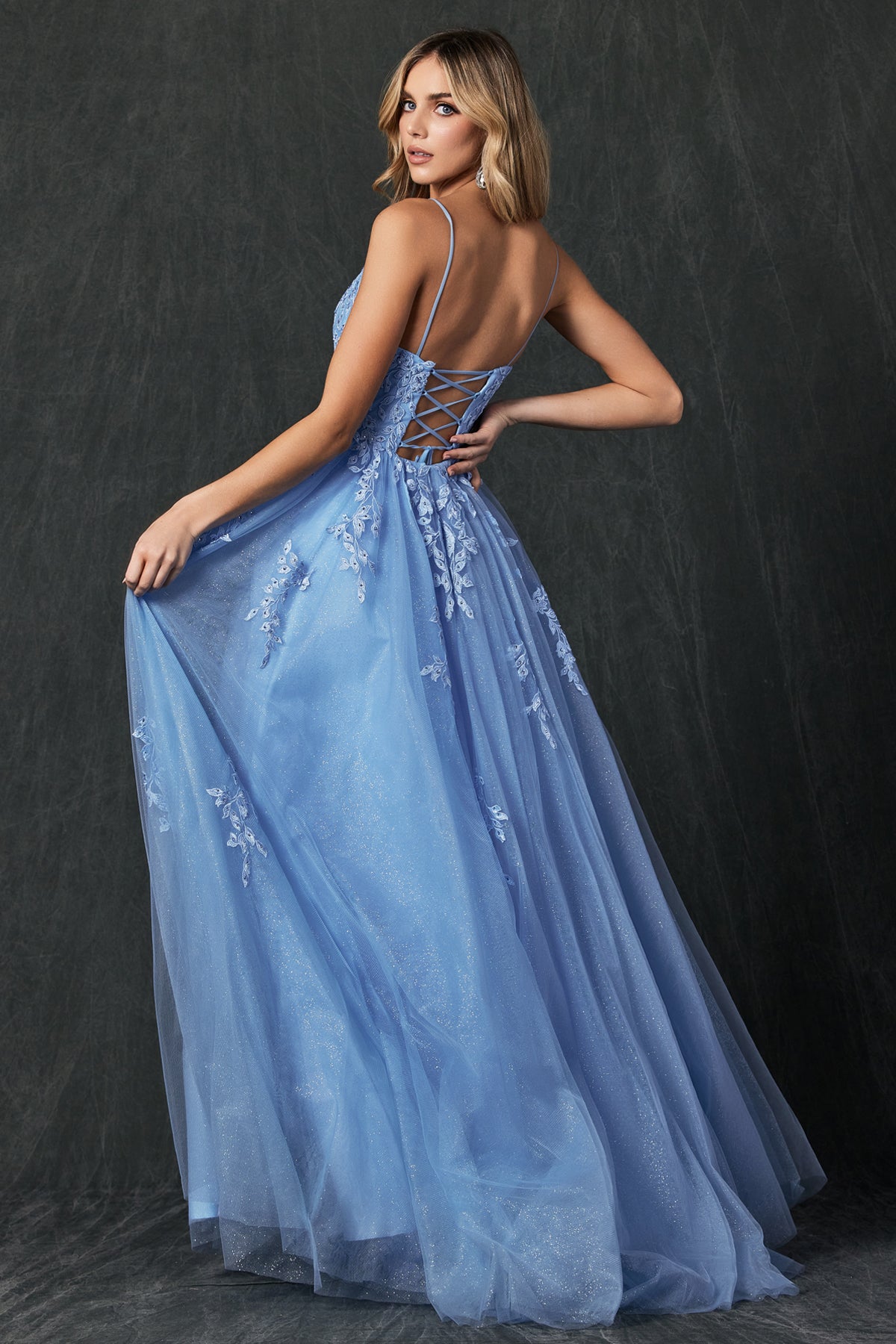 Tulle Prom Dress w/ Floral Applique-smcdress