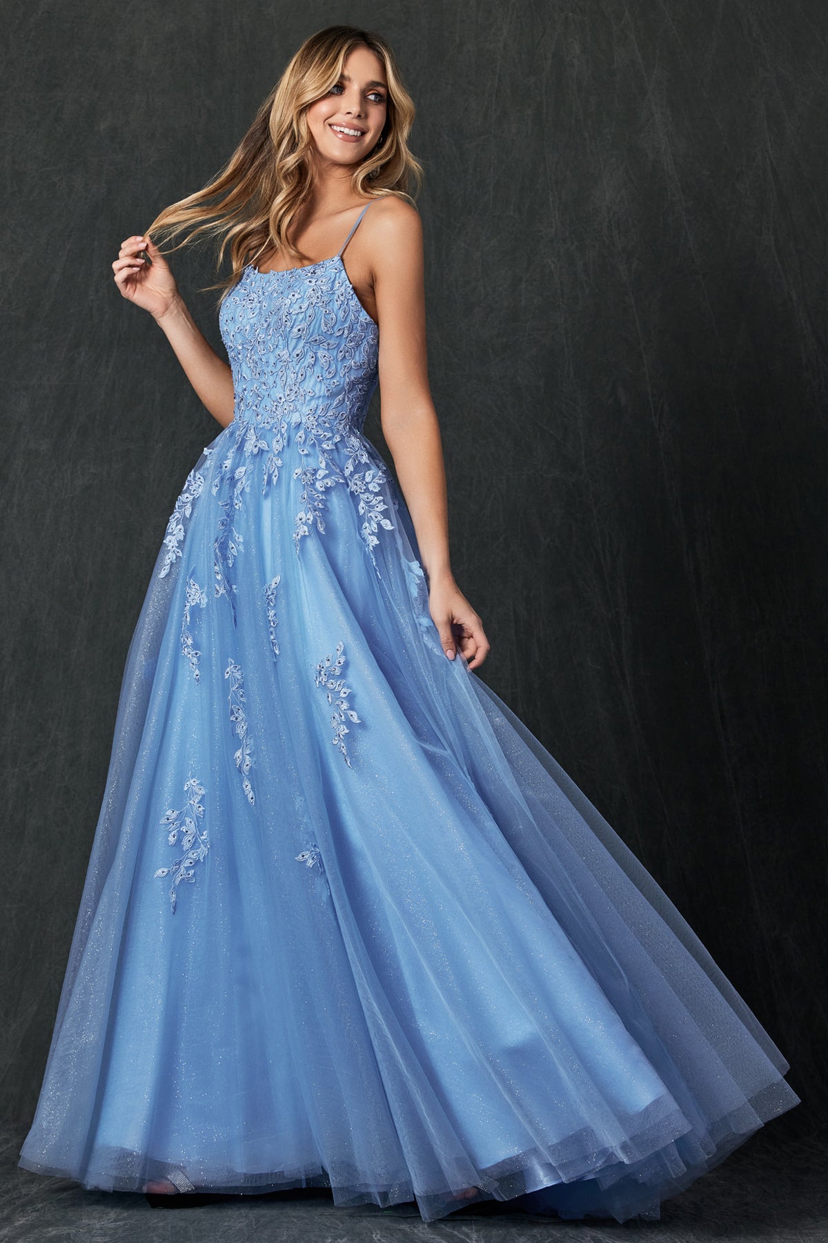 Tulle Prom Dress w/ Floral Applique-smcdress