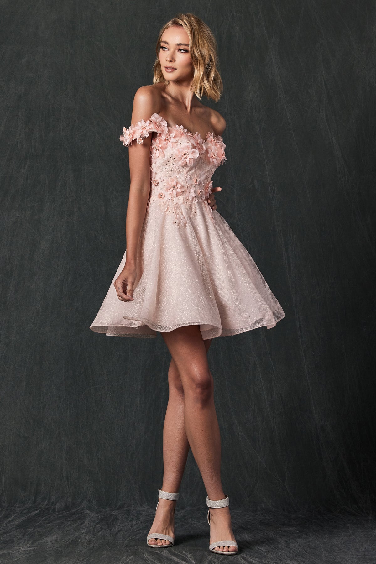 Floral embroidered and glitter mesh short dress-smcdress