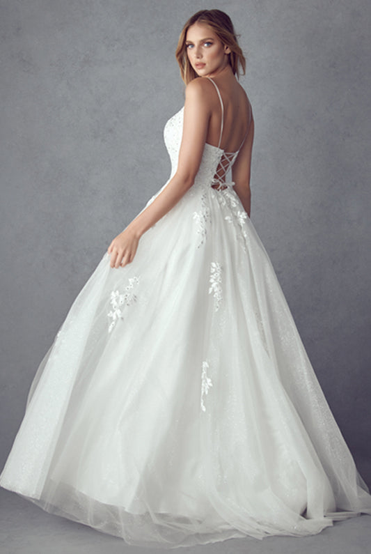Embroidered Tulle Bodice Wedding Dress w/ Floral Applique-smcdress