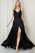 Long Prom Dress with Front Slit, Embroidered Bodice & Satin Skirt-smcdress