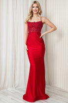 Embroidered Bodice Mermaid Prom Dress with Open Criss Cross Back-smcdress