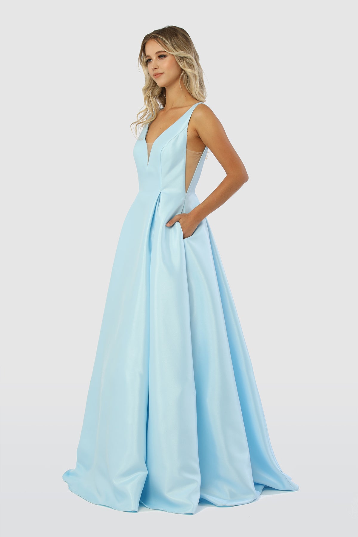 A-Line Long Prom Dress, Sheer Side Cut Outs, Open V-Back-smcdress