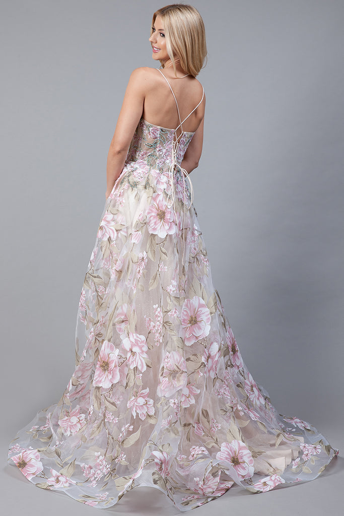 Embroidered Flower Dress with Side Slit Prom Gown-smcdress