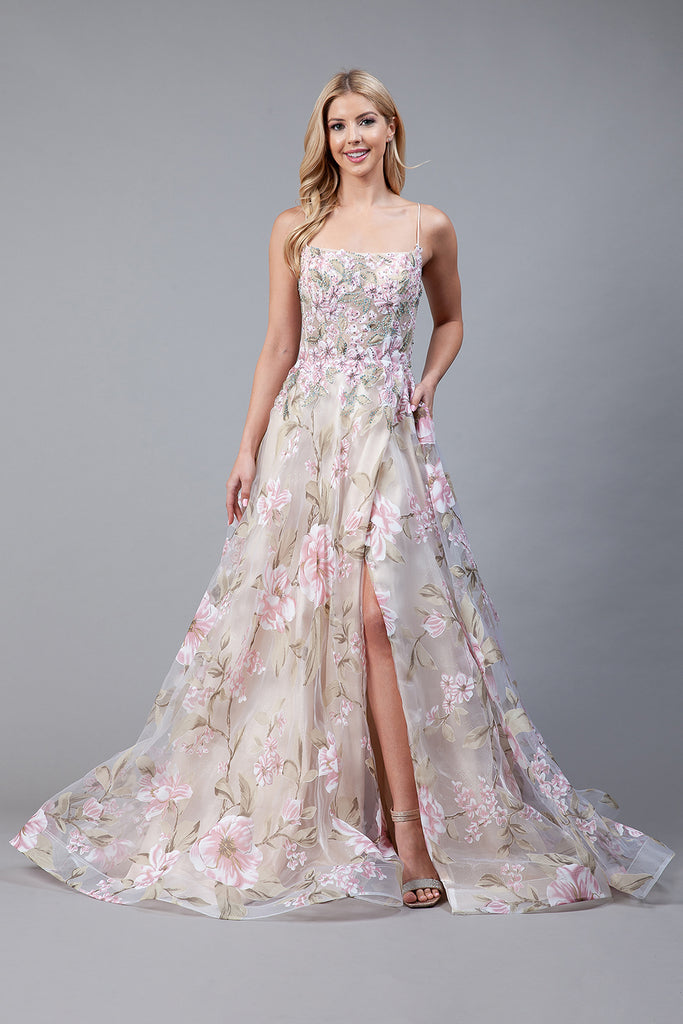 Embroidered Flower Dress with Side Slit Prom Gown-smcdress
